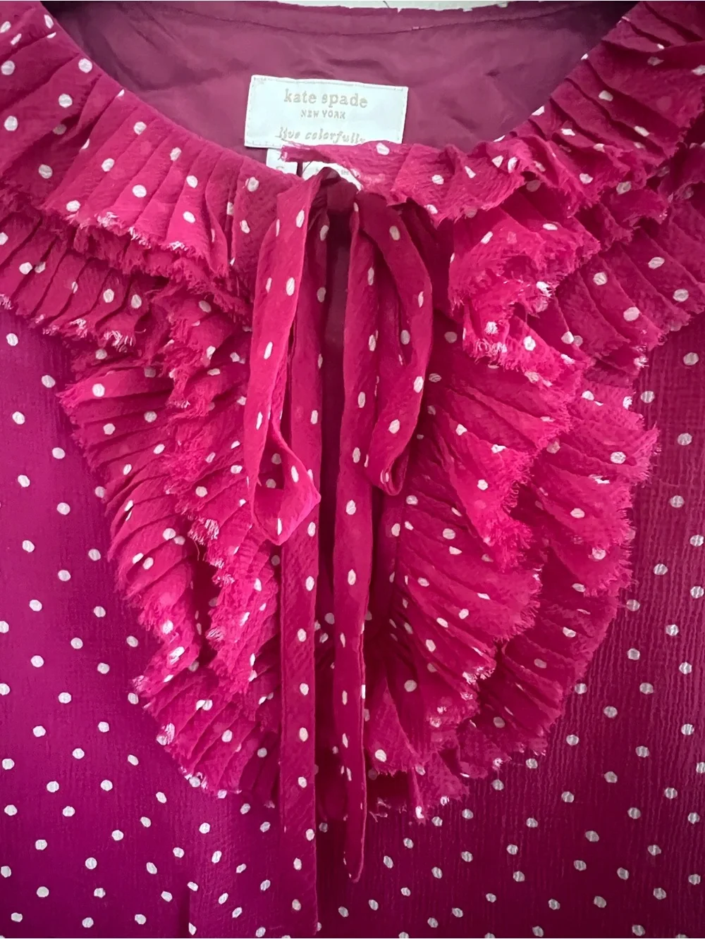 Kate Spade Sleeveless Ruffle Tie-Neck Polka Dot Top - Magenta